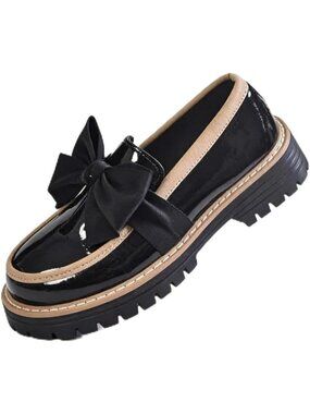 Women's Jet Black Round Toe Slip On Thick Sole Business Casual Chunky Loafer